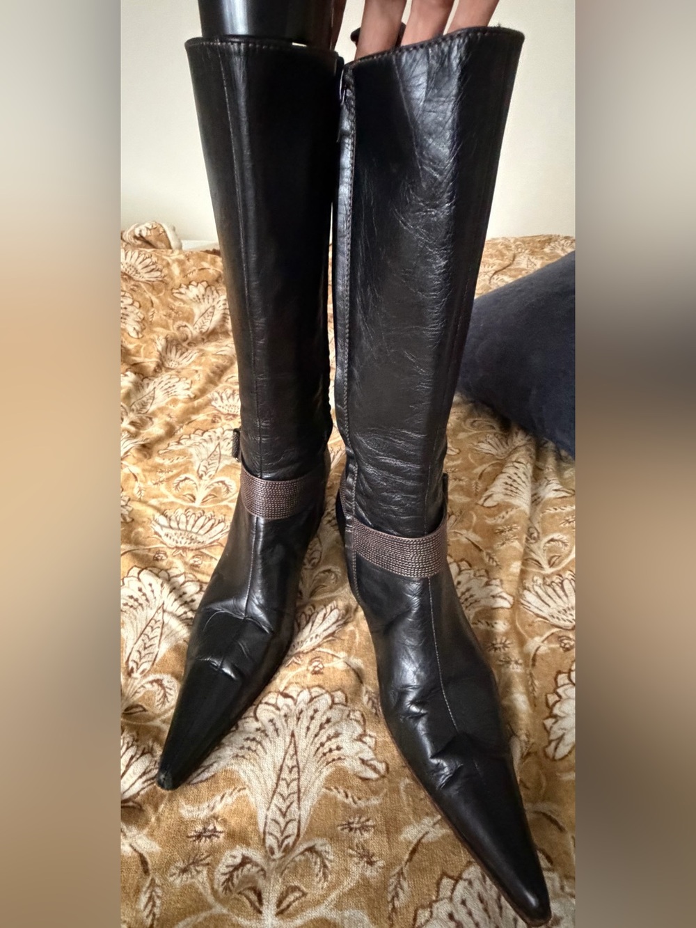 Italian Black Leather Pointed Toe Knee-High Boots